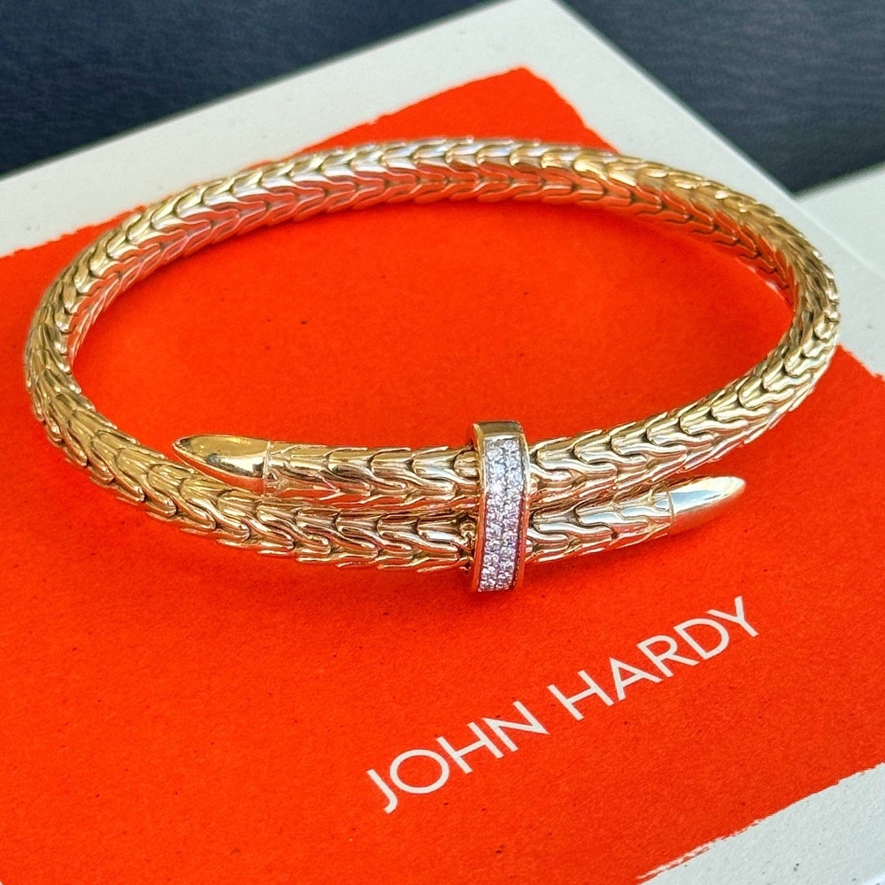 John Hardy Spear 14K Yellow Gold & 0.24CTW Diamond Pavé Flex Cuff Bracelet XL